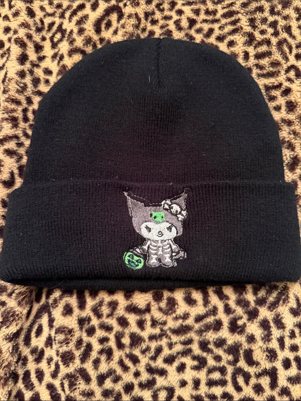 Black Beanie Hat with Kuromi Character Embroidery
